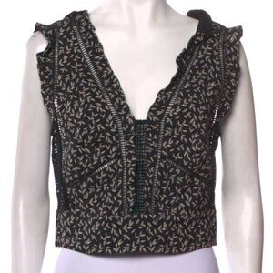 Rebecca Taylor 2 S Sleeveless Crop Top V-Neck Leaves Crochet Ruffle Black Cream
